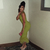 Robe trapèze en fourrure à une épaule et dos nu, robe longue slim fit pour le bureau